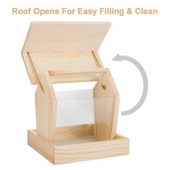 Wooden Hanging Bird Feeder with Easy-Open Roof Weatherproof Outdoor Wild Bird Feeder for Garden Patio Balcony Large Capacity Seeds Container for