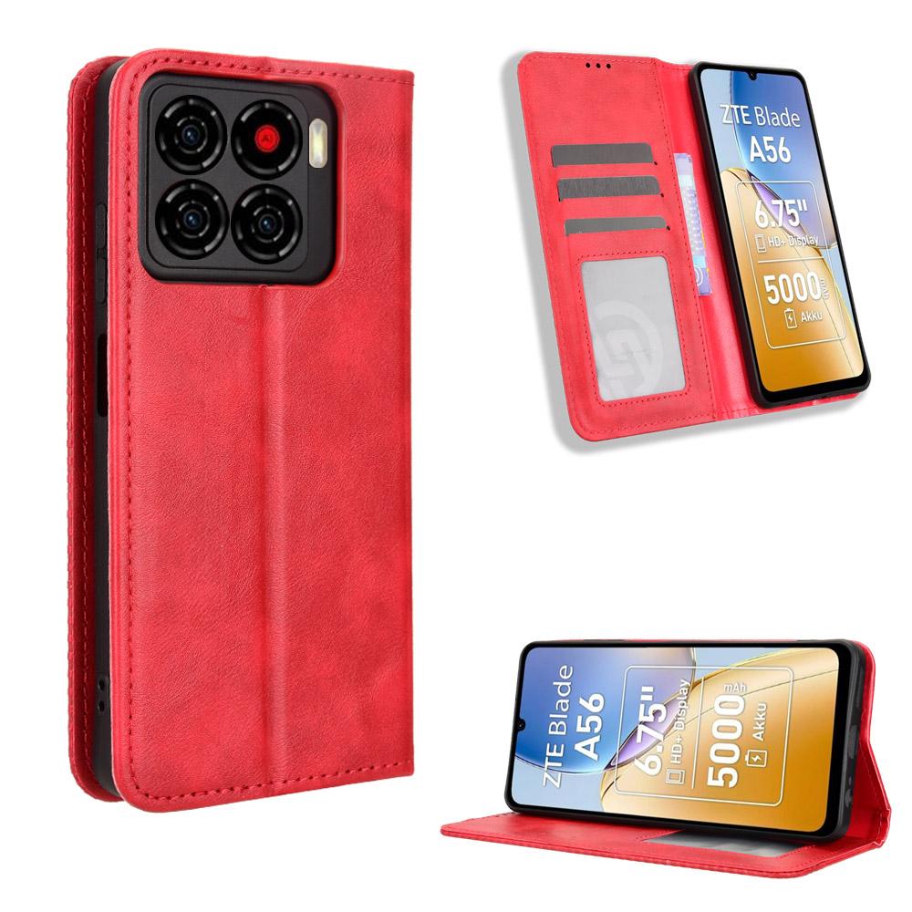 

For ZTE Blade A56 Leather Case Wallet Stand Retro Texture Phone Cover Red