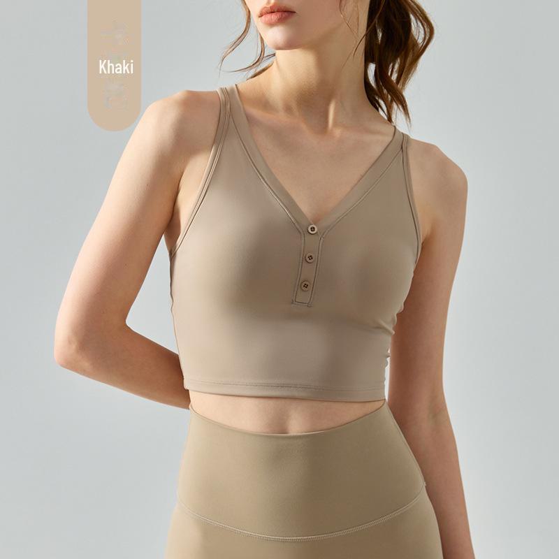 "Sexy Cross-Back V-Neck Sports Vest with Chest Pad - Solid Color Yoga Top for Summer"