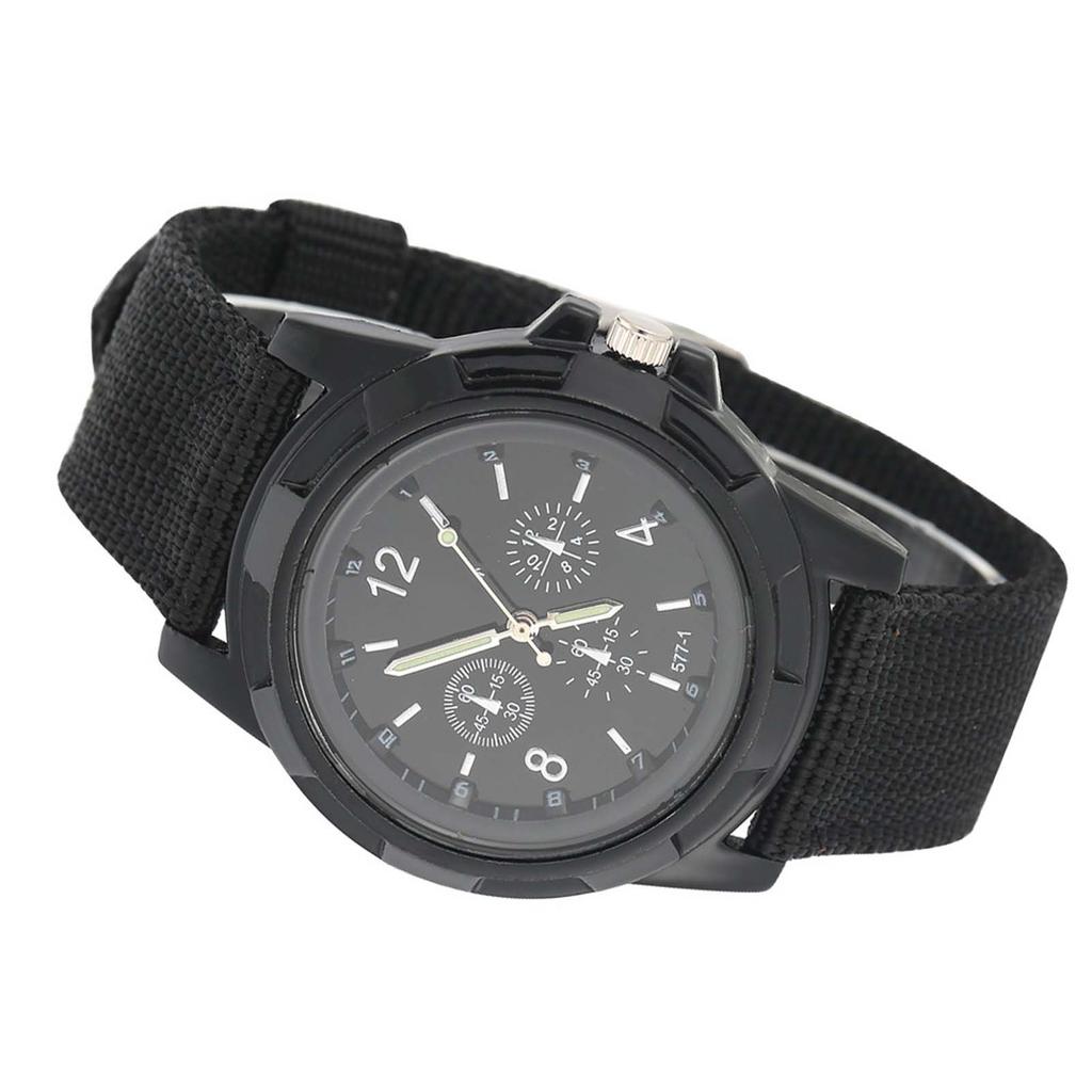 Electronic Analog Wrist Watch Round Nylon Strap Military Wristwatch (Black)