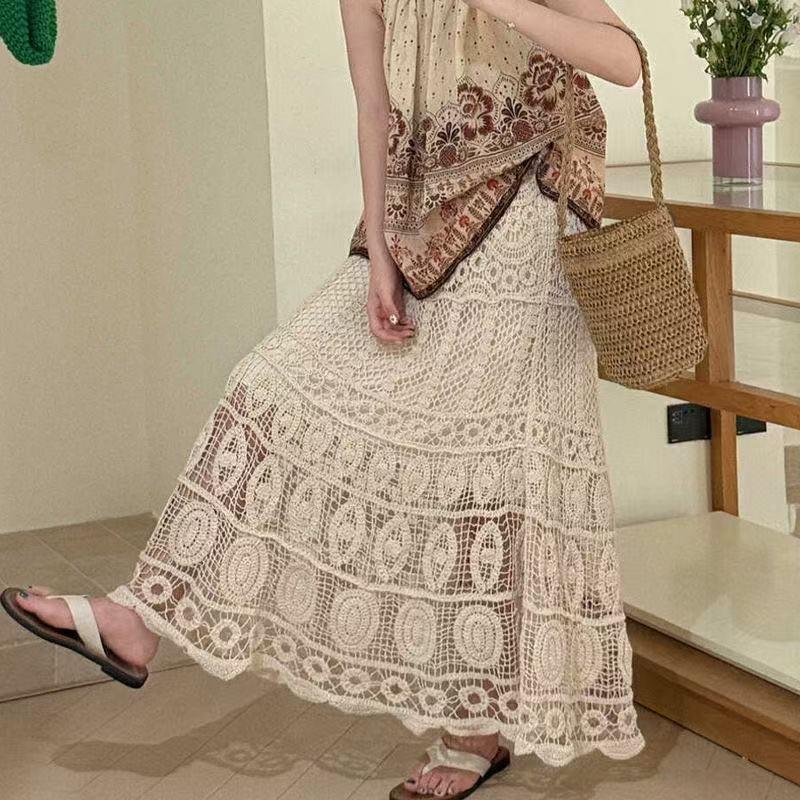 Bohemian Crochet High-Waist Hip-Hugging Midi Skirt for Women