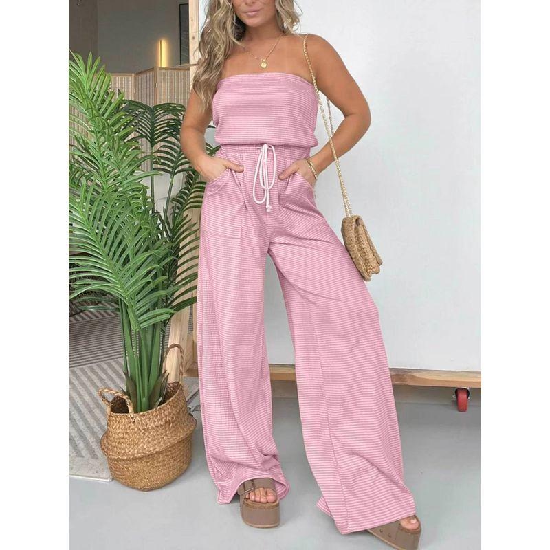 

European and American Stripe Tube Top Wide Leg Jumpsuit Versitile Fashion Trousers Light pink S