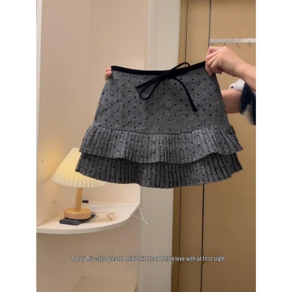 Plus Size A-line Polka Dot Wool Pleated Skirt - High Waist, Slimming, Spring/Autumn Wear