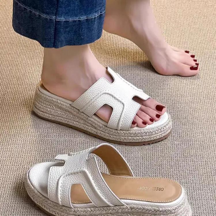 Spring Summer Women's Slippers Hollow Out Strap Waterproof Thick Heel Woven Rope Country Style Slip-On Shoes