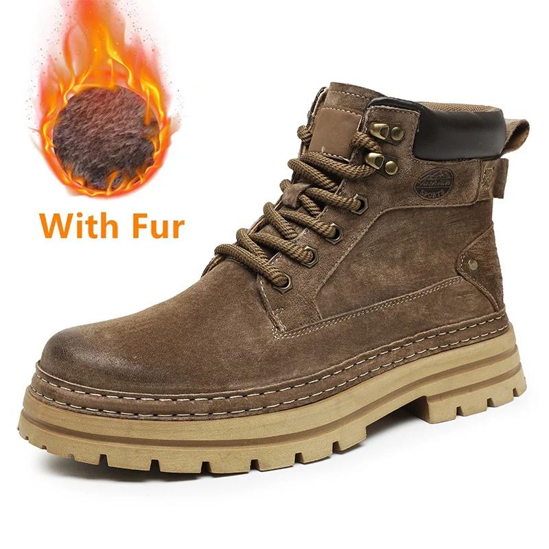 Men's Boots Warm Plush Fur Winter Shoes Man Suede Leather High Top Outdoor Fashion Sneakers Male Motorcycle Boots New Snow Shoes