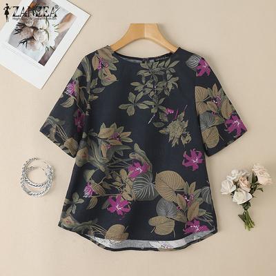 Women Casual Round Neck Floral Print Short Sleeve Cotton T-Shirts