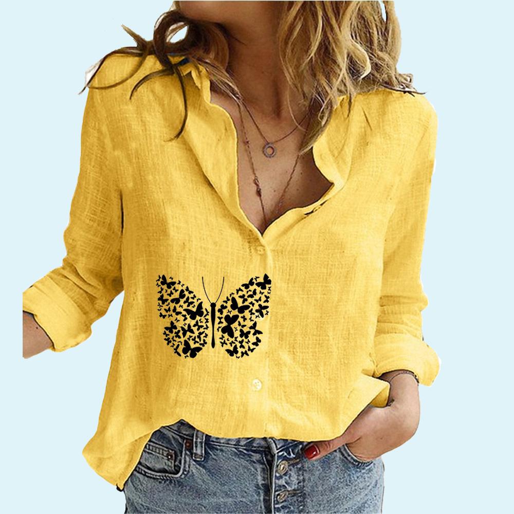 

Женская модная рубашка с принтом бабочки, весенне-осенняя повседневная льняная рубашка с длинным рукавом, женский кардиган, блузки с длинными рукавами 5XL жёлтый