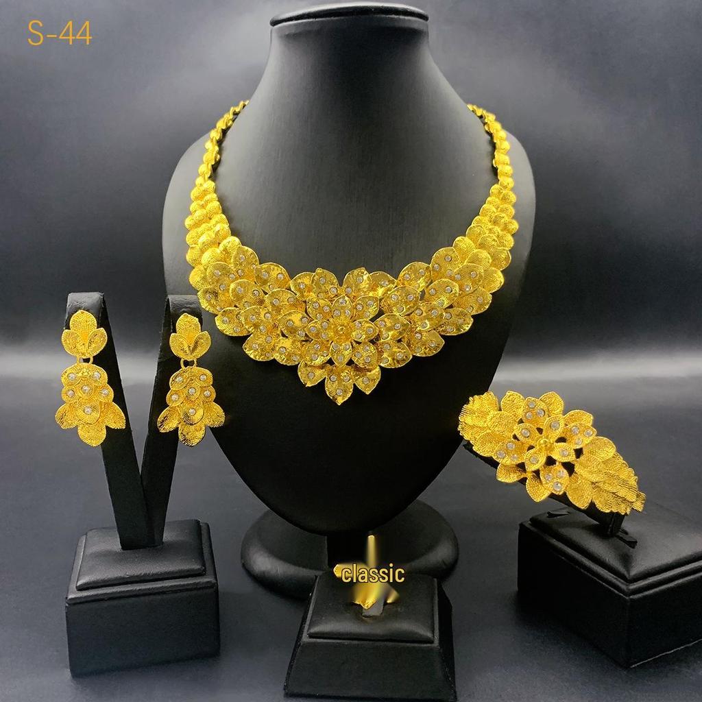 24K Gold-Plated Bridal Jewelry Set: Necklace & Earrings, Middle Eastern Wedding Style, Dubai Four-Piece Set