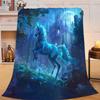 Glowing Blue Unicorn Moon Castle Magic Night Forest Flannel Throw Blanket, Soft Warm Sofa Cover, Dark Fantasy Bedroom Decor Gift