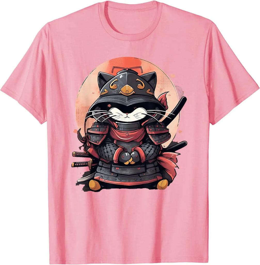 Retro Japanese Cat Samurai tattoo anime streetwear fashion Unisex Hot Sale Crewneck Round Neck Collar graphic Ninja Kawaii TShirt