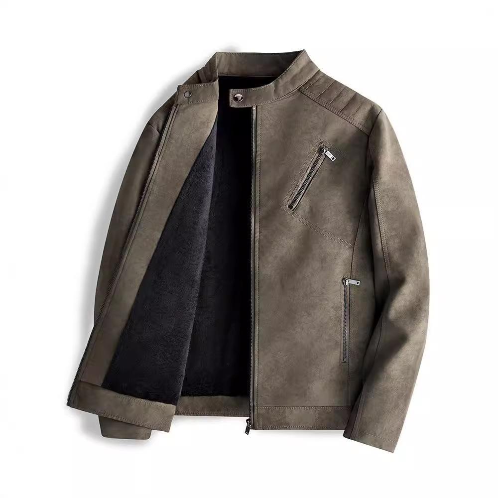 Fleece thermal locomotive leather jacket men's autumn and winter retro stand-up collar leisure travel pu leather jacket
