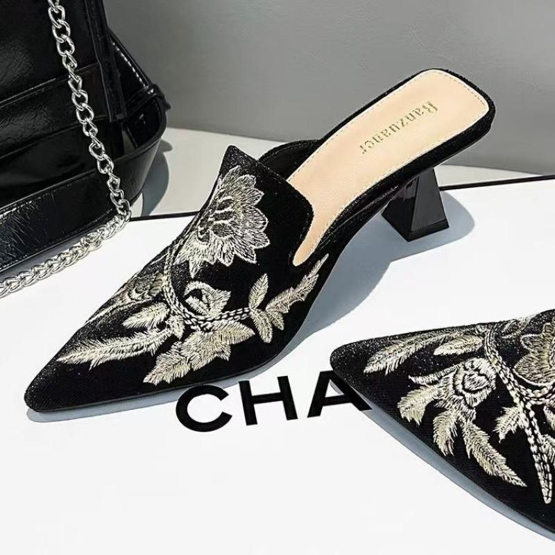 Baotou half slippers women's outer wear spring and summer embroidery pointed head thick heel cool slippers high heel sandals stiletto single shoes