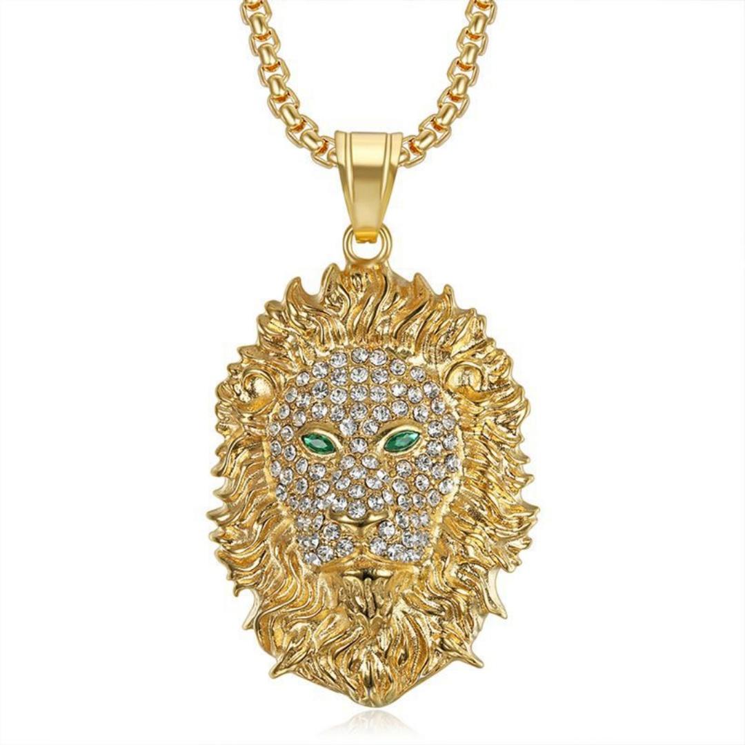 

Punk Iced Out Bling Lion Head Pendant Gold Silver Color Stainless Steel Animal Necklace for Women Men Cool Fashion Jewelry Gift 60cm