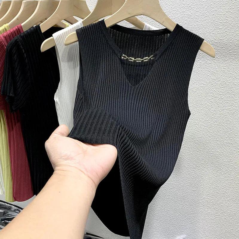 WTEMPO Women's Solid Color Large Size Ice Silk Vests Casual Versatile V-neck Tank Tops Sleeveless Base Bottoming T-shirts