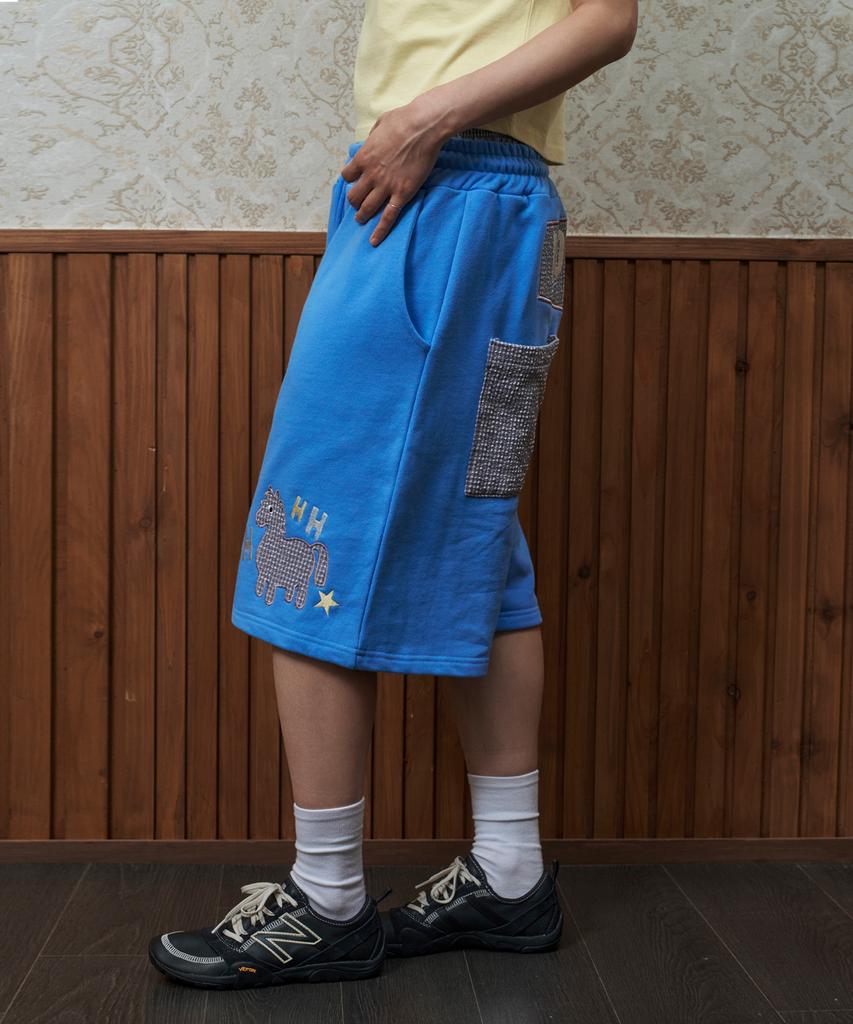 Lujeoseukeulleob [Jamaehwa] Pony Check Layered Bermuda Sweatpants Blue