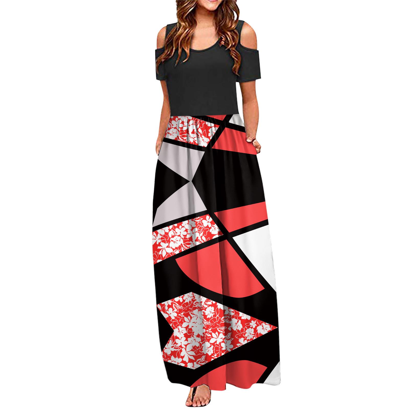 

Women s Fashion And All- Holiday Round Neck Strapless Long Print Spring And Summer Dress L красный