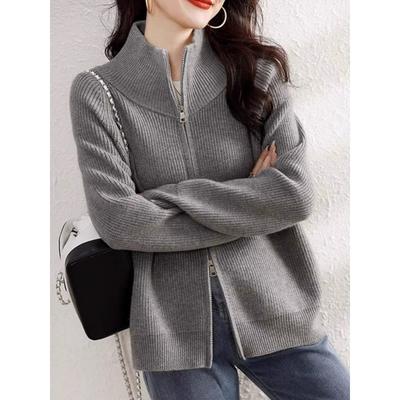 Autumn/Winter Fashion Cardigan Knitted Women Sweater Elegant Long Sleeve Zipper Loose Casual Office Top New Stand Collar Jacket