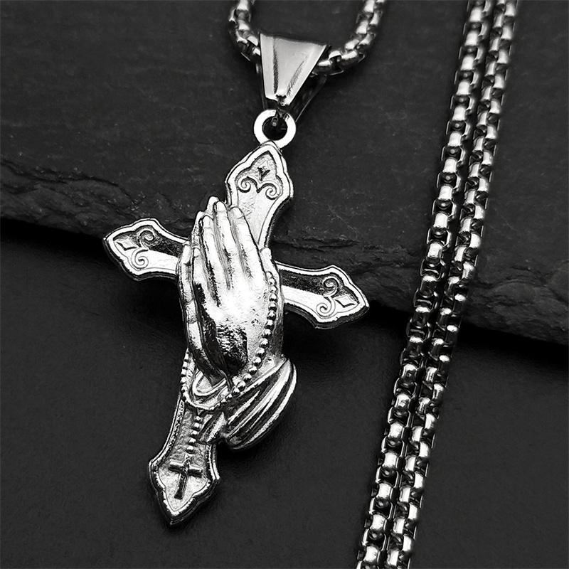 Stainless Steel Jesus Christian Praying Hands Cross Pendant Necklace for Men Women Gold Color Chain Necklaces Jewelry Gift