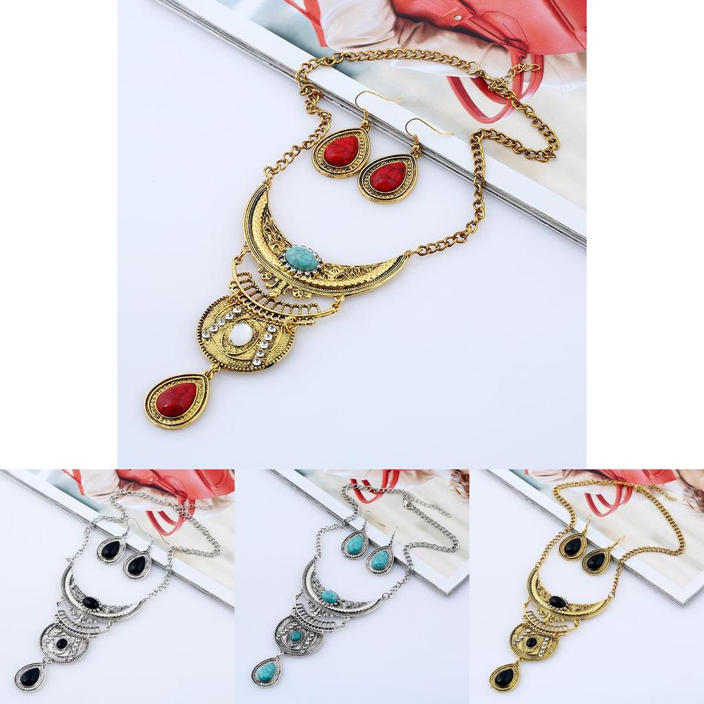 Vintage Water Drop Alloy Necklace And Earring Set For Boho Style Females