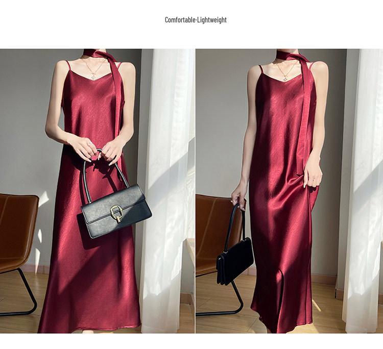 Elegant French V-Neck Spaghetti Strap Satin Dress with Slimming Design