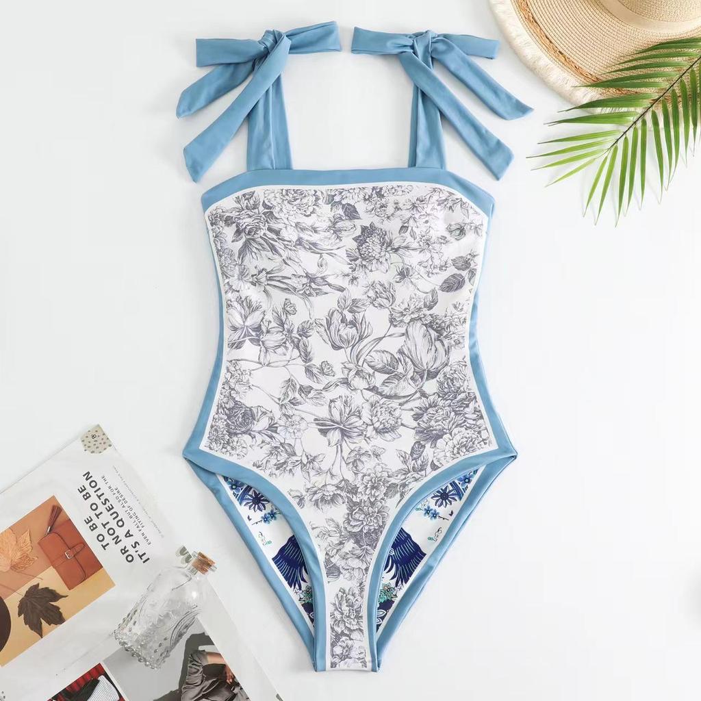 New Double-Sided European & American Chiffon Print Swimsuit Set: Women's One-Piece with Conservative Wrap Skirt