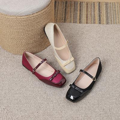 French Splicing Square Head Shallow Mouth Flat Heel Single Shoes Women'S Burgundy Temperament One-Word Buckle Mary Jane Shoes