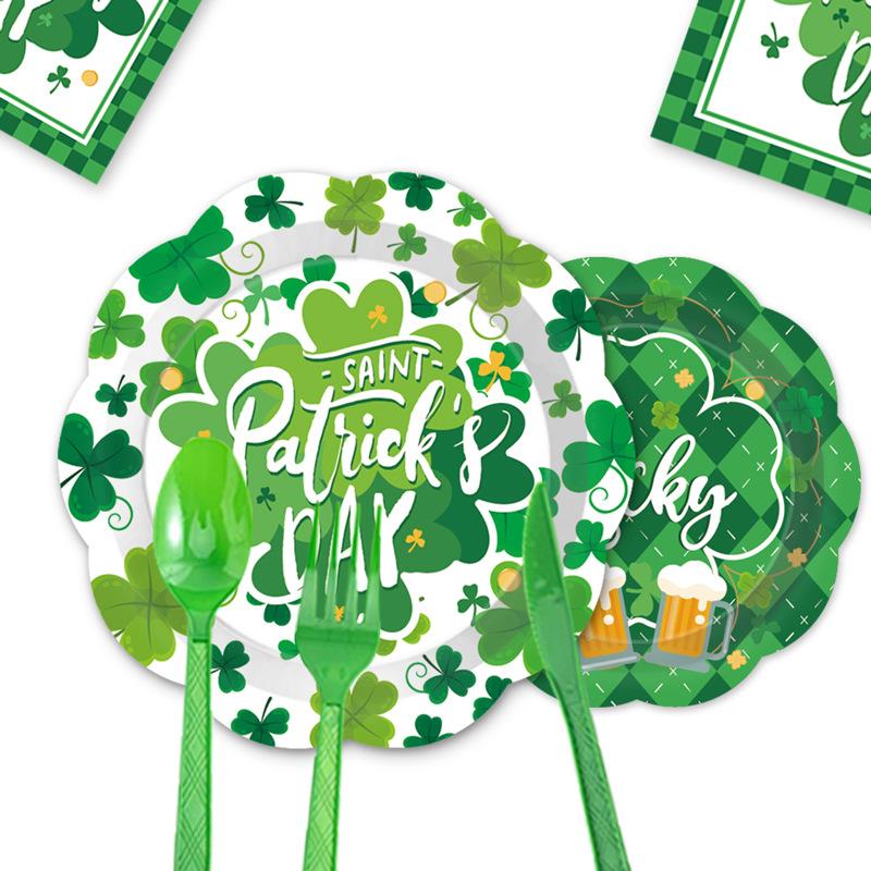 St. Patrick'S Day Themed Party Supplies Clover Paper Plates Paper Cups Green Checked Decorative Set