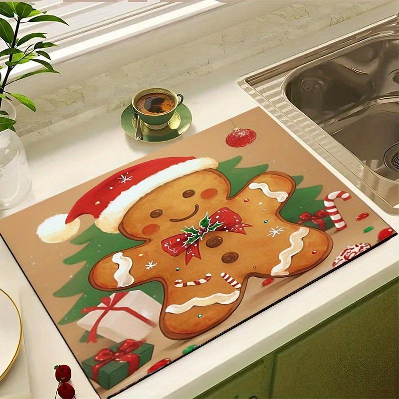 Christmas Gingerbread Design Dish Drying Mat Anti-Slip Kitchen Countertop Pad Absorbent Kitchen Pad for Dishes Coffee Mugs