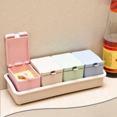 Neu Kreative Weizenstroh Gewürz Box Vier Grids mit Löffel Lebensmittel Container Gewürz Glas Home