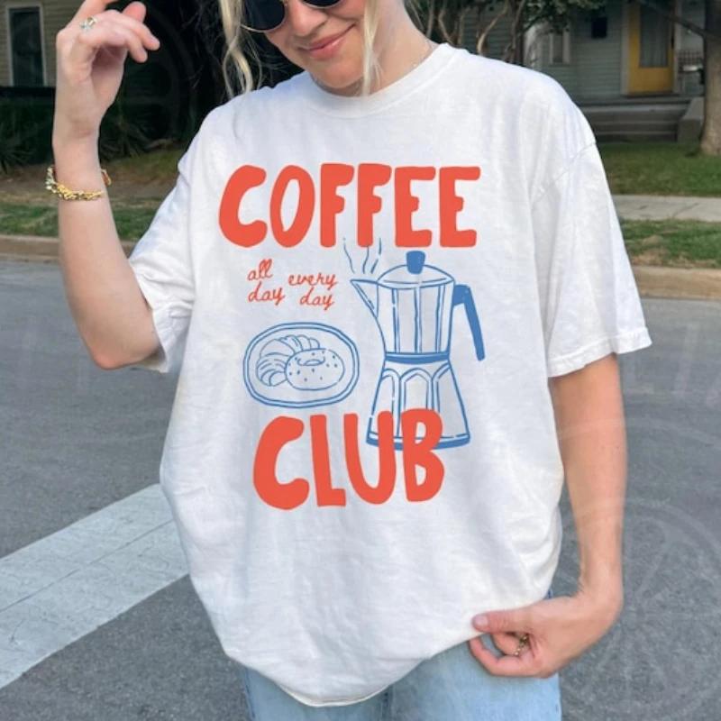 

Coffee Club Pattern Coffee Enthusiast Gift Retro Coffee Club T-shirt Food Aesthetics Fashion Y2k Top Summer Cotton S