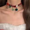 Red Plush Christmas Necklace with Bells, Reindeer, and Snowflakes - Women's Festive Choker