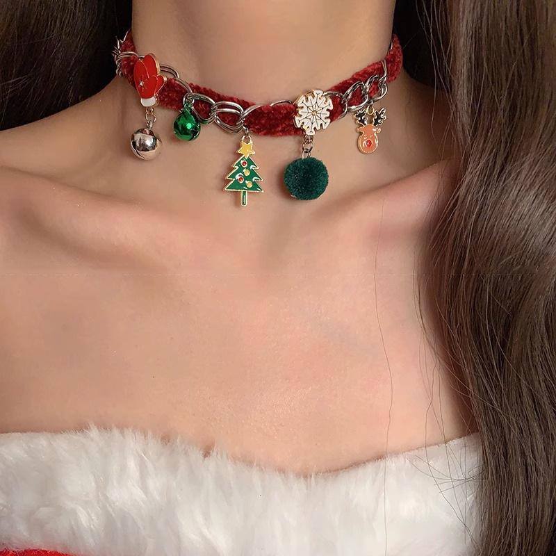 Red Plush Christmas Necklace with Bells, Reindeer, and Snowflakes - Women's Festive Choker