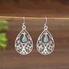 Vintage Waterdrop Inlaid Green Stone Hollow Earrings Geometric Creativity Flower Silver Color Dangle Earrings for Women Jewelry