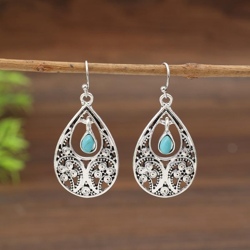 Vintage Waterdrop Inlaid Green Stone Hollow Earrings Geometric Creativity Flower Silver Color Dangle Earrings for Women Jewelry