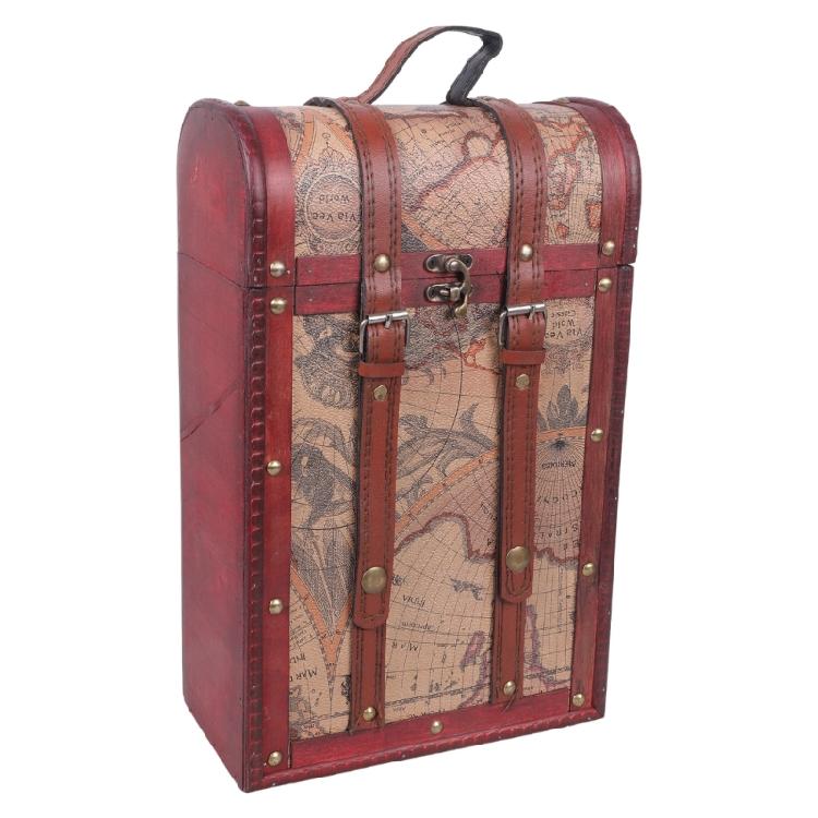 

Brass Accented Wooden Gift Box For 2 Bottles Wine With Faux Leather Construction And Practical Handle
