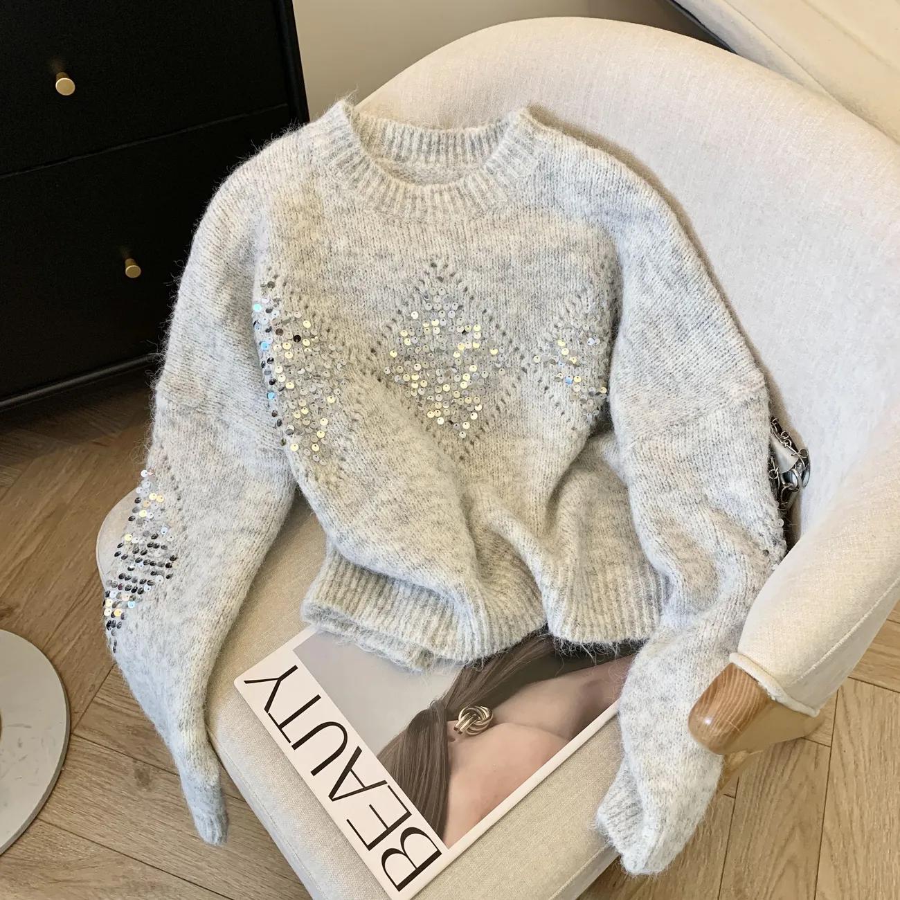 

Свитер для женщин Осень Зима Утепленный Пуловер Теплый Вязаный Полосатый Базовый Слой Эластичный Длинный Рукав Оверсайз Джемпер Топы L серый