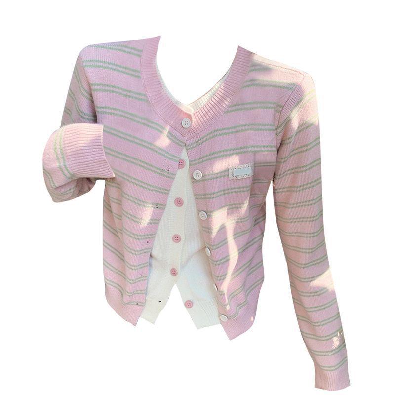 Striped Faux Two-Piece Knit Cardigan, Autumn 2025 - One Size Versatile Korean Style