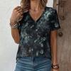 Creative Flower Colorful Pattern Summer Soft Fashionable Comfortable Women's T-Shirts Casual Breathable Loose V-Neck Short-Sleeve T-Shirt