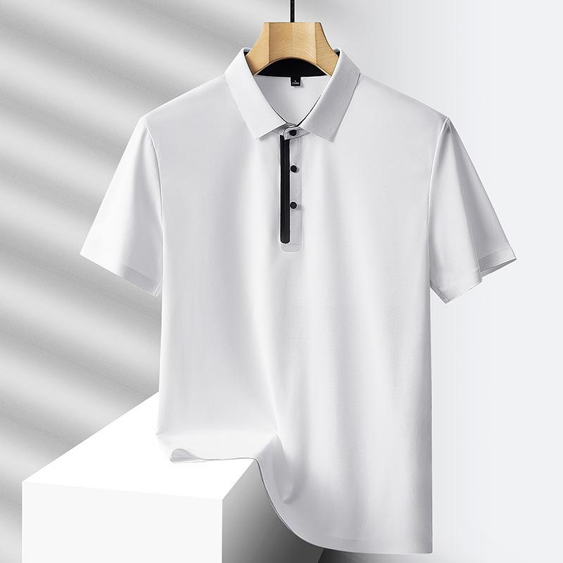 Men's Ice Silk Polo Shirt, Casual Short Sleeve Placket Detail Solid Color Golf Top