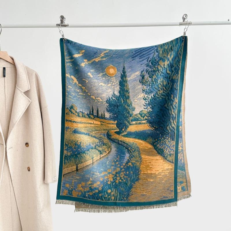 

Autumn and winter oil painting printing high-end thickened imitation cashmere scarf winter high-end atmosphere warm travel photo shawl 185x65cm светло-синий