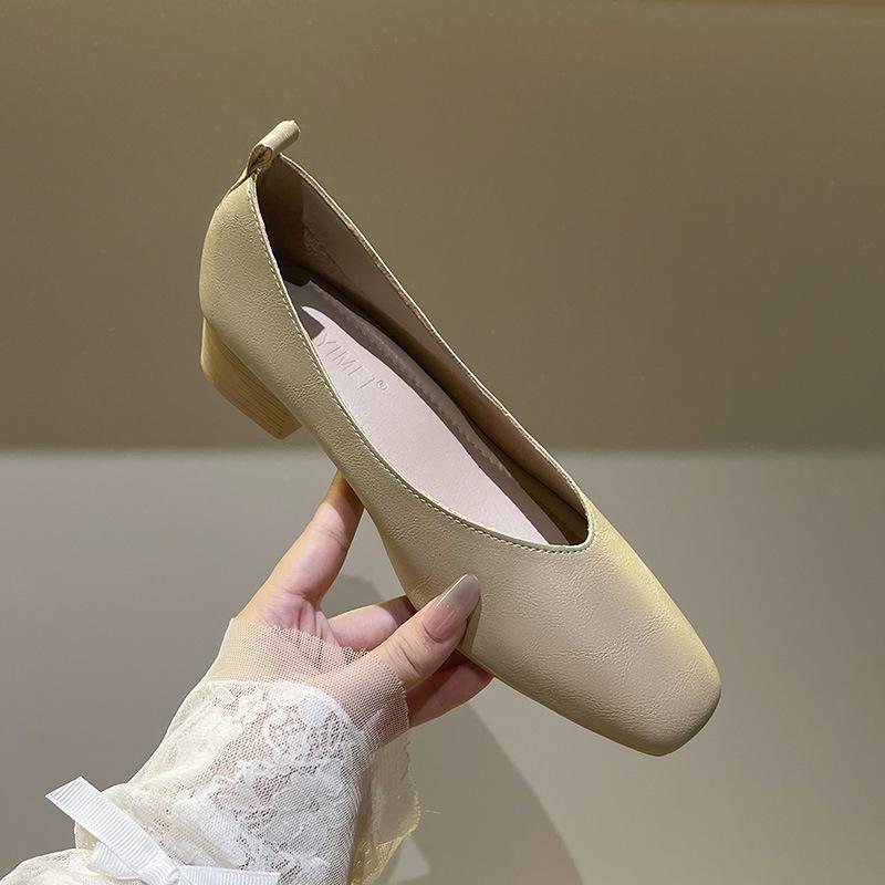 Leather 3.5cm thick heel middle heel single shoes women's spring and autumn new French square head professional work non-grinding feet grandma shoes