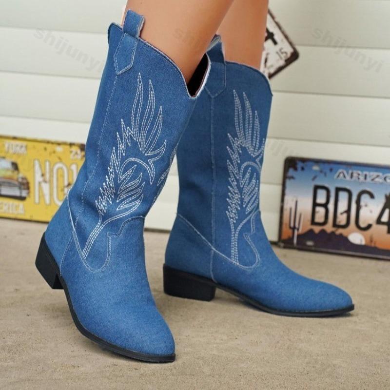 Fashion Women Ankle Boots 2025 Autumn New Embroidered Western Cowboy Boots Pointed Toe Thick Heel Gold Woman Short Boots Botas Mujer