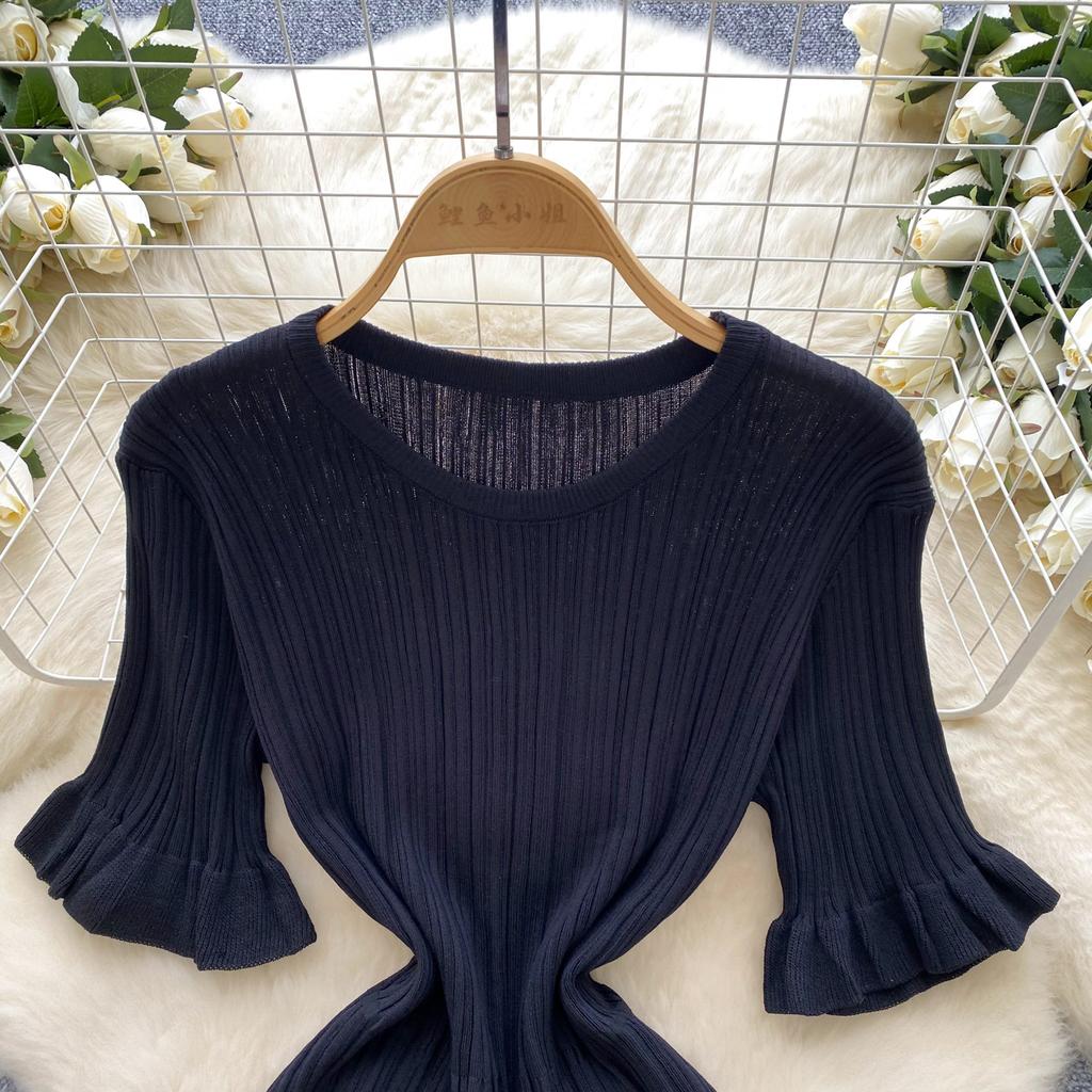 Robe longue élégante à col rond et manches courtes, style vintage à volants, en tricot, slim, style français, pour femme, automne-hiver, vêtements élastiques