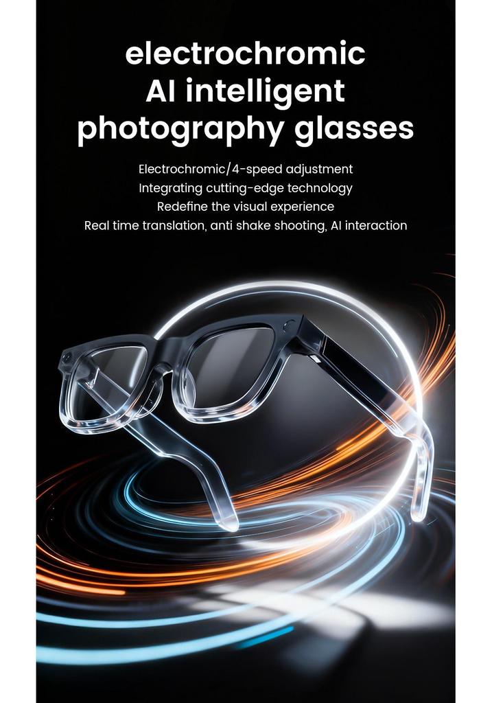 E03C Smart Glasses: Camera, Image Stabilization, HD Shooting, Real-Time Translation, Electrochromic, AI Features
