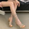 Fashion Luxury Shiny Rhinestone Designer Thin High Heels Women Sexy Ankle Strap Heeled Sandals for Women Crystal Flower Banquet Pumps