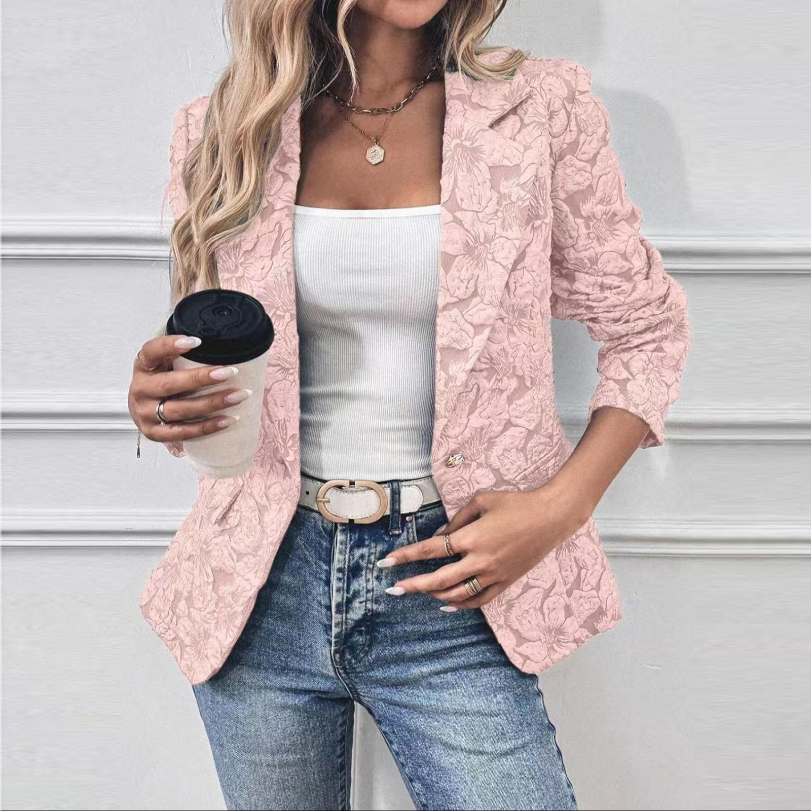 

Women s Elegant Ruffled Collar Printed Slim,Fit Jacket XL рожевий