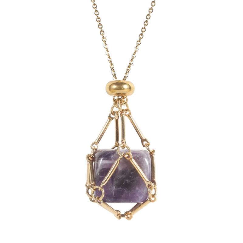 Handcrafted Square Crystal Pendant Necklace With Flexible Bamboo Link Chain And Secure Mesh Cage Setting For Elegant Occasions