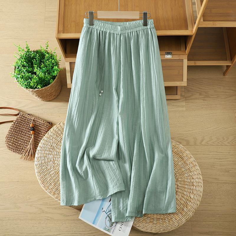 DIMANAF Plus Size 2026 Women Linen Pants Elastic Waist Vintage Basic Lady Solid Lace Wide Leg Long Pants Oversize Loose Tencel