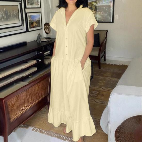 Dámské letní šaty s klopou a krátkým rukávem, jednobarevné, ležérní dlouhé šaty