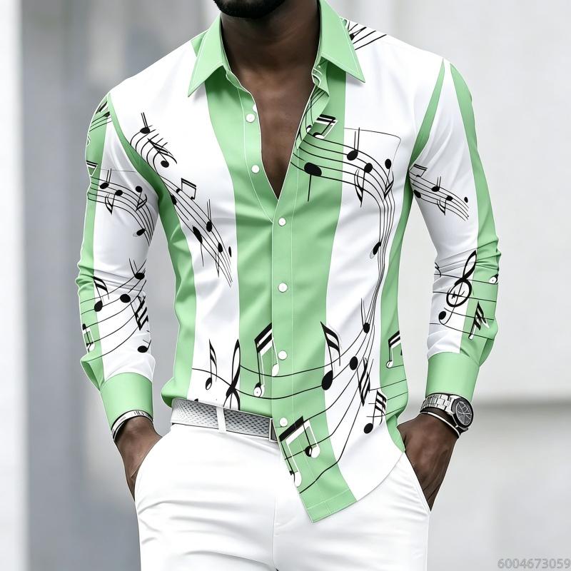 Men's Collared Shirt with Creative Musical Note Print, Trendy Long-sleeved Casual Top for Everyday Wear, Dates, and Outings.